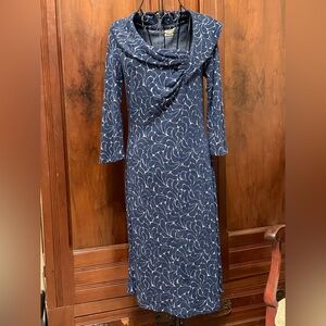 Toad & Co dress, 3/4 sleeves, blue pattern, asymmetrical shawl collar. Size M.